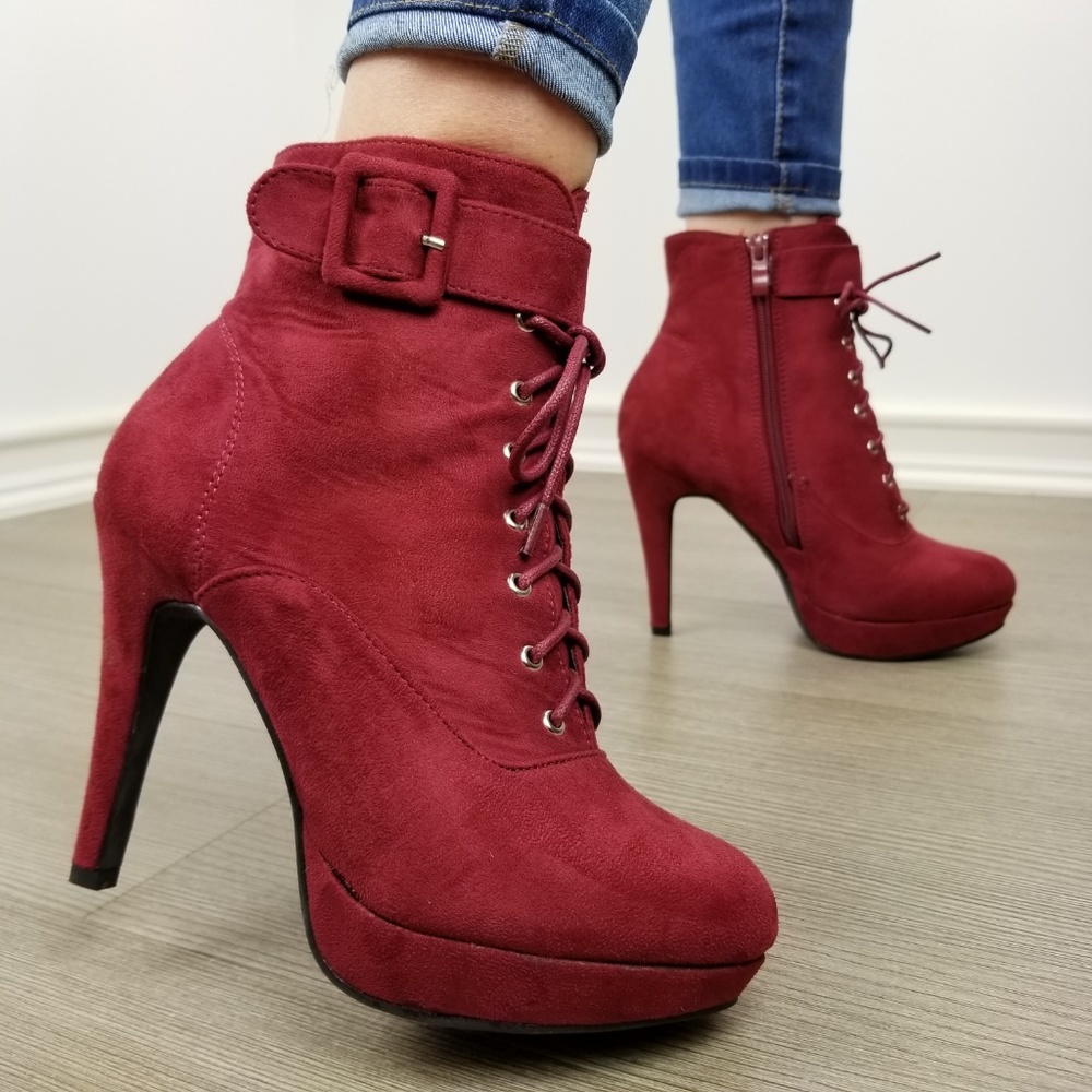 Faux Suede Heel Lace-Up Ankle Booties - Picture 6 of 8